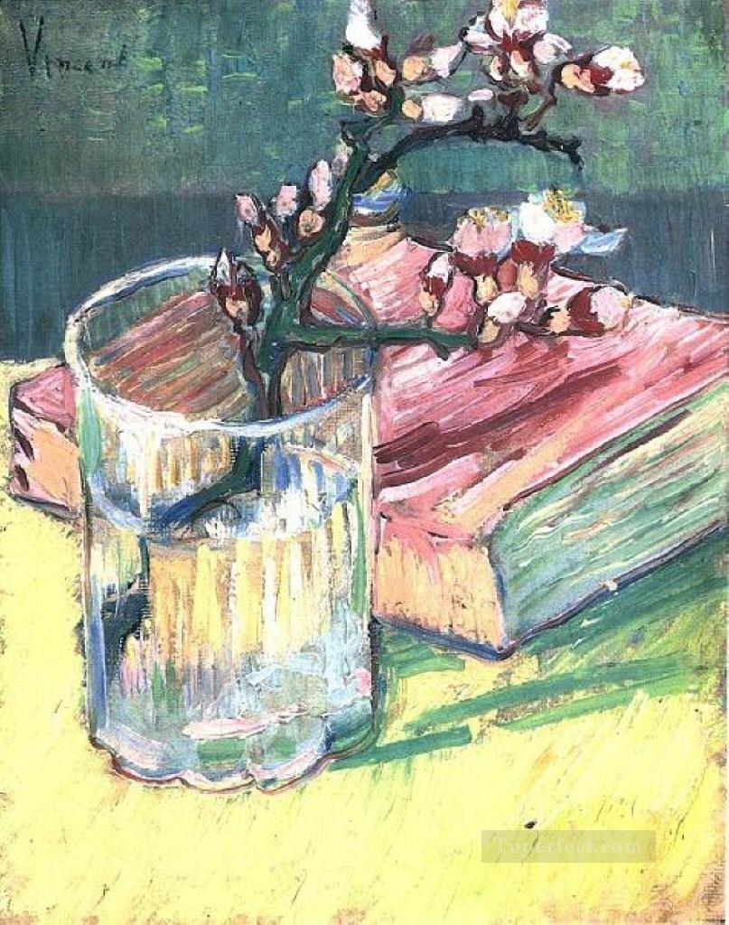 Blossoming Almond Branch in a Glass with a Book Vincent van Gogh Oil Paintings